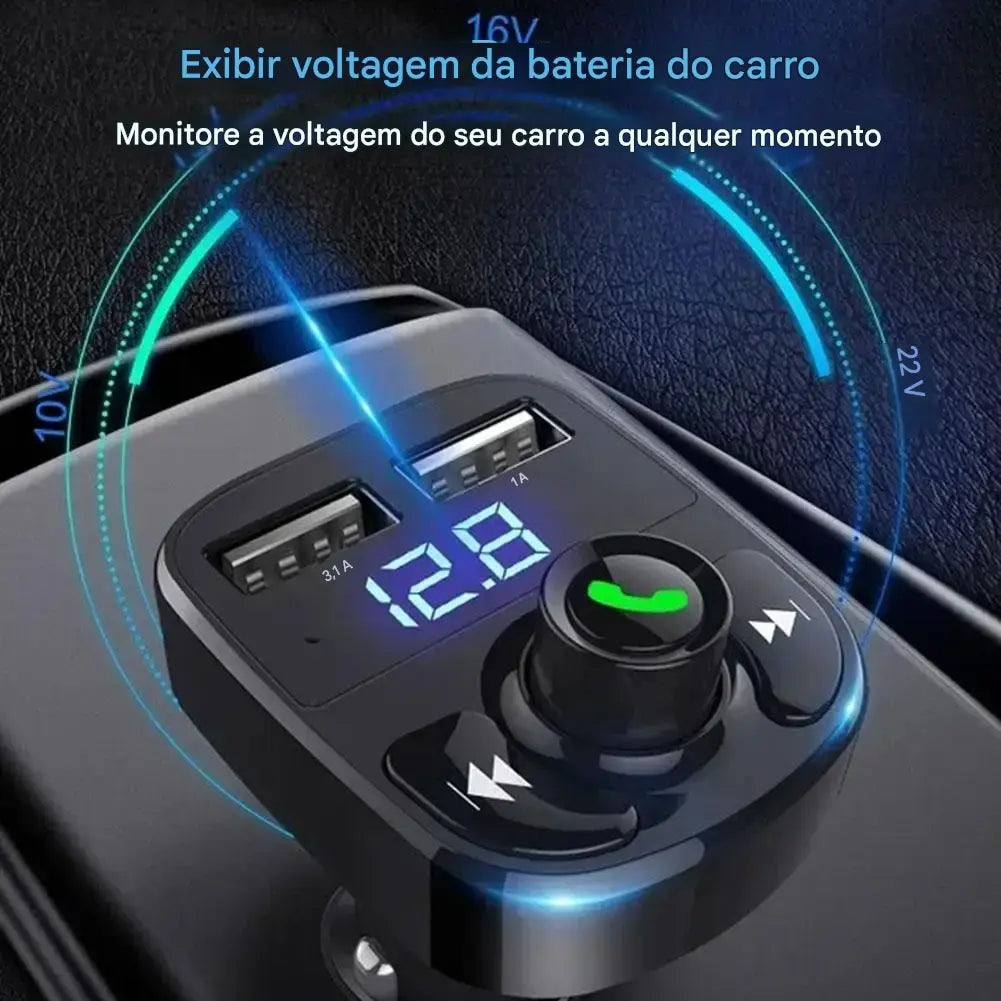 Transmissor FM Bluetooth Veicular com Carregador USB - Viva-Voz MP3 Player