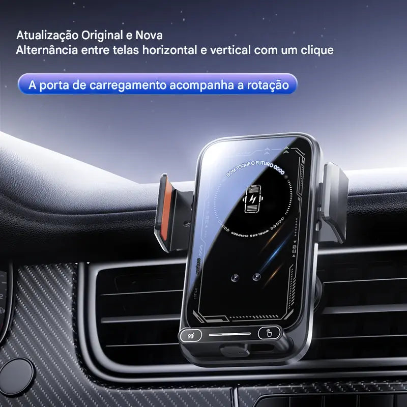 Suporte Carregador Veicular 66W Wireless e Com Fio - Sensor Automático Rotação 360° Qi Certificado