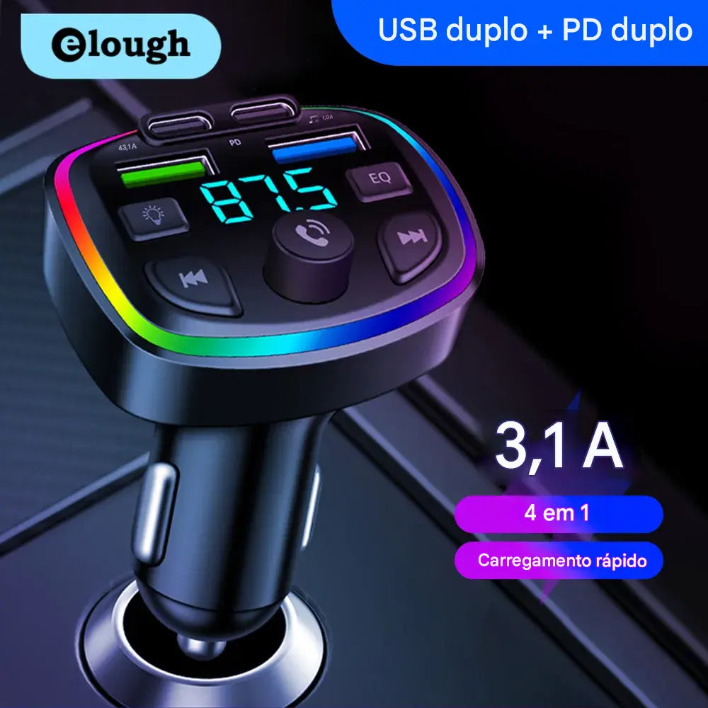 Transmissor FM Bluetooth para Carro com Carregador Sem Fio - Viva-Voz e Adaptador MP3 Dual USB