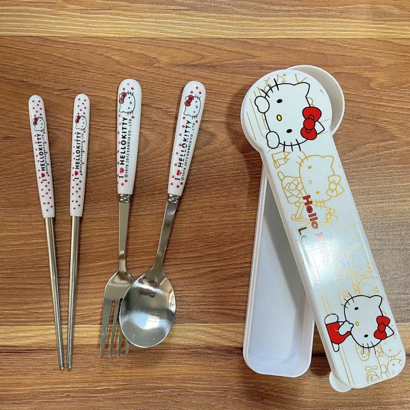 Kit Talheres Hello Kitty Sanrio - Garfo, Colher e Hashi em Aço Inox Portátil