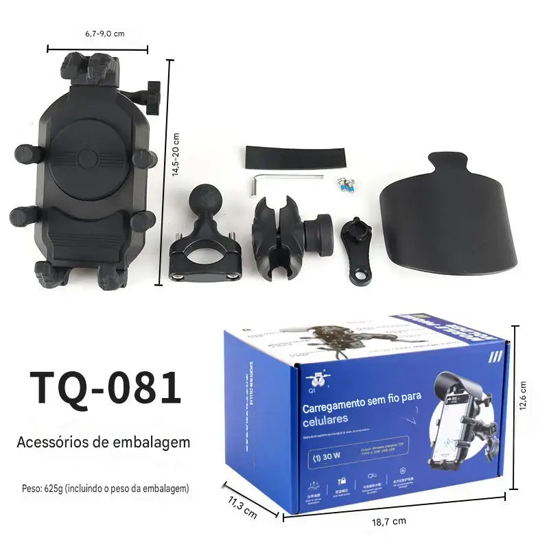 Suporte para Moto com Carregador Sem Fio e USB QC3.0 - Suporte de Guidão para Celular e GPS