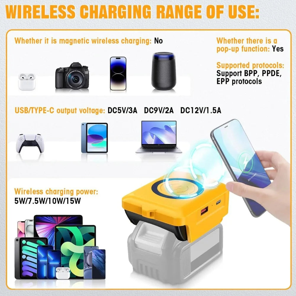 Adaptador USB para Baterias 18V Makita/Dewalt/Milwaukee - Power Bank Portátil com Type-C