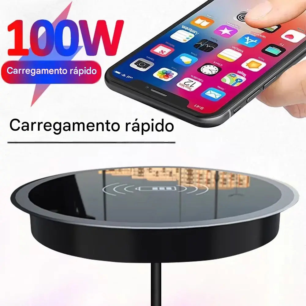 Carregador Sem Fio Embutido para Mesa 100W - USB-C Carregamento Rápido QC 3.0 Instalação Fixa