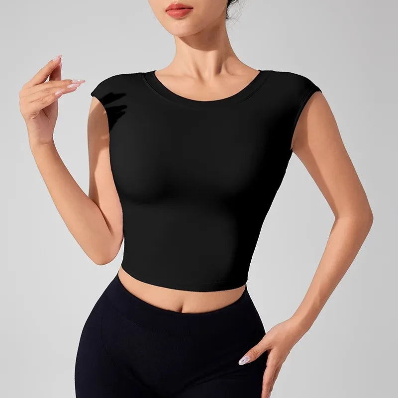 Blusa Fitness Feminina Costas Abertas - Top Yoga Academia com Bojo Manga Curta Dança Esportiva