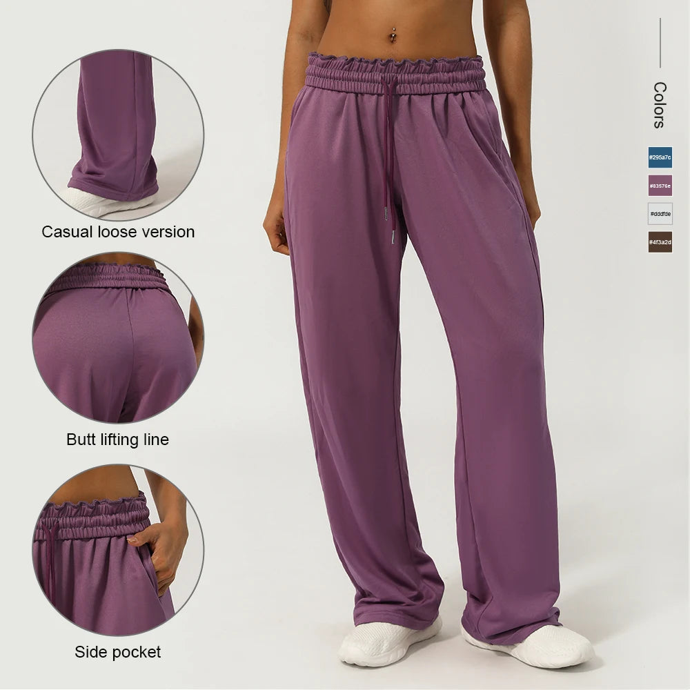 Calça Esportiva Feminina Cintura Alta com Bolso Lateral Perna Larga para Corrida Treino e Academia