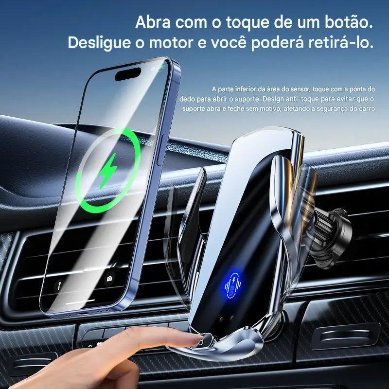 Suporte para Carro com Carregador Sem Fio e Sensor Triplo Inteligente - Fixação Magnética Automática