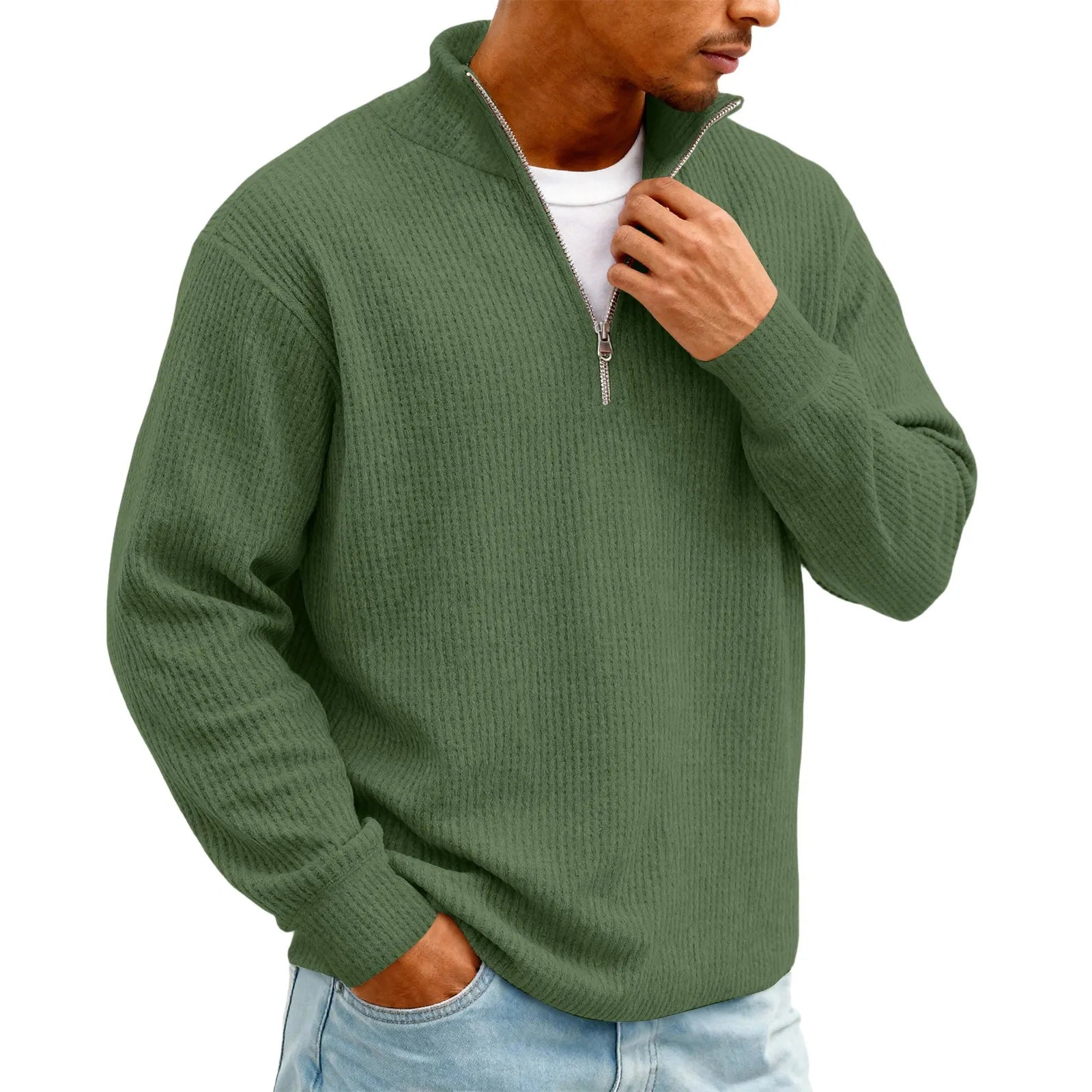 Camisa Masculina Manga Longa Ziper Gola Polo Waffle – Casual Solto Plus Size