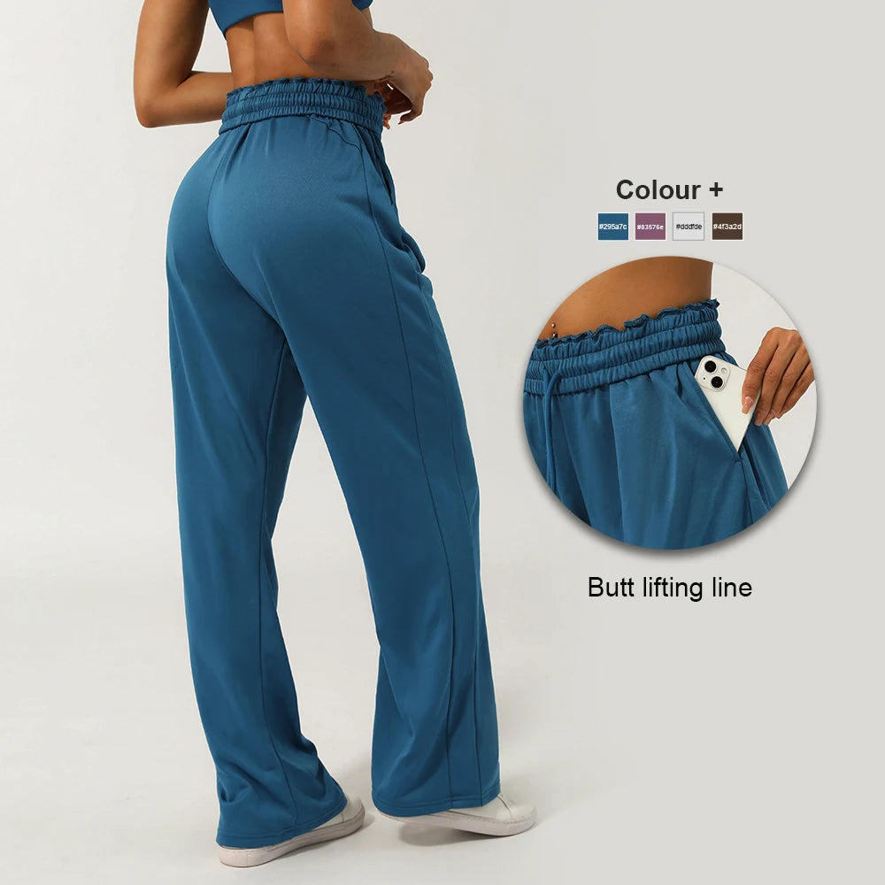 Calça Esportiva Feminina Cintura Alta com Bolso Lateral Perna Larga para Corrida Treino e Academia