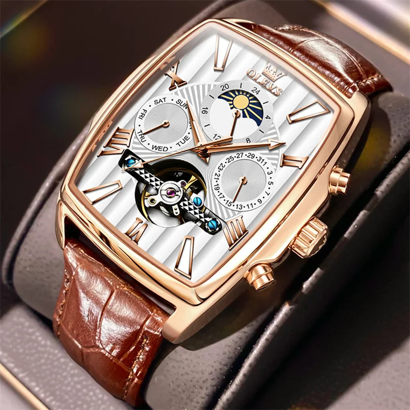 Relógio OLEVS Retangular Automático - Mecânico Tourbillon Fase Lunar 3ATM Couro Business