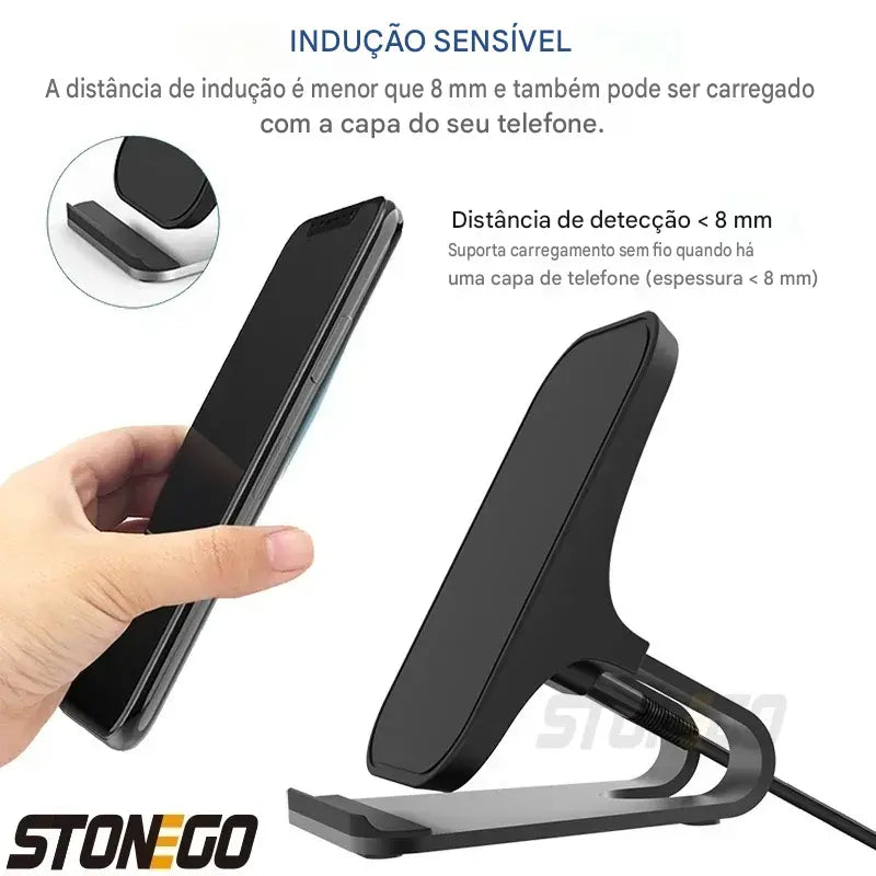 Suporte Carregador Wireless Qi 10W 7.5W 5W - Base de Carregamento Rápido 2 Bobinas Antiderrapante