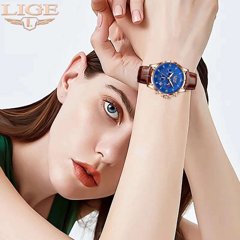 Relógio Feminino LIGE Quartzo Elegante | Diamante | Couro | Calendário | 6 Cores