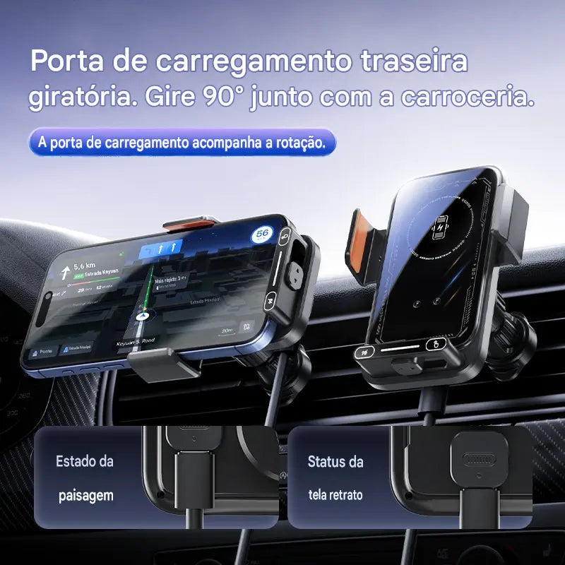 Suporte Carregador Veicular 66W Wireless e Com Fio - Sensor Automático Rotação 360° Qi Certificado