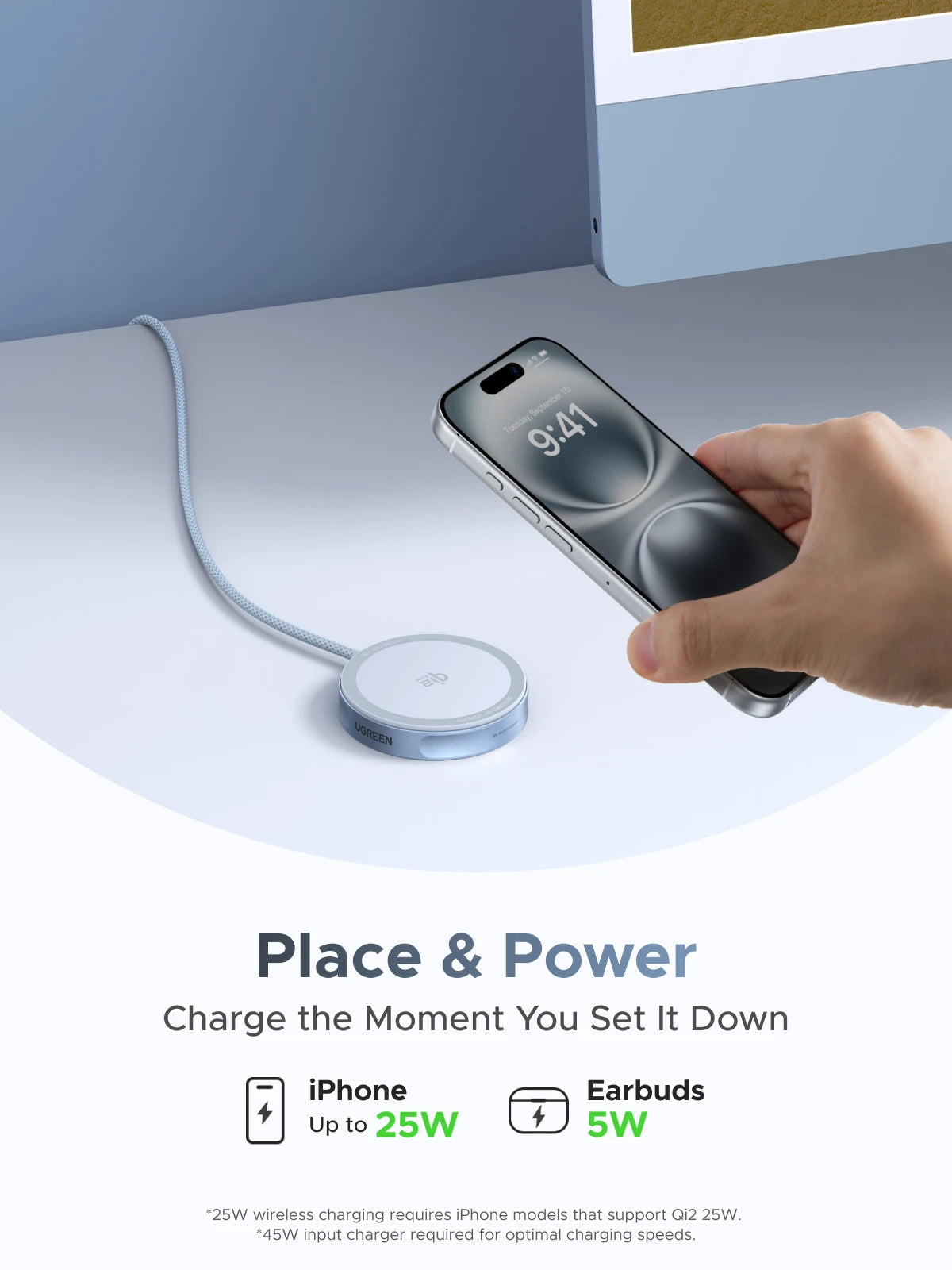 Carregador Sem Fio UGREEN Magflow Qi2 25W - MagSafe Certificado para iPhone 17/16 Pro Max
