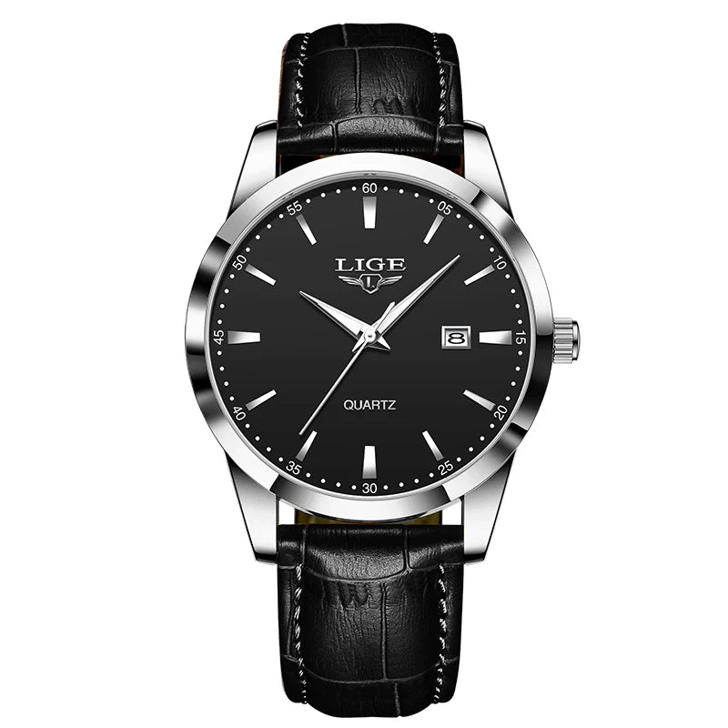 Relógio LIGE Couro Preto Military Sport - Quartzo 3ATM Cronógrafo Luminoso Casual