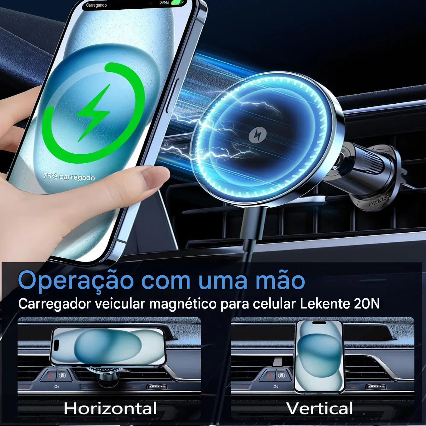 Suporte Magnético para Carro com Carregador Sem Fio 15W - Suporte de Ar Condicionado para iPhone