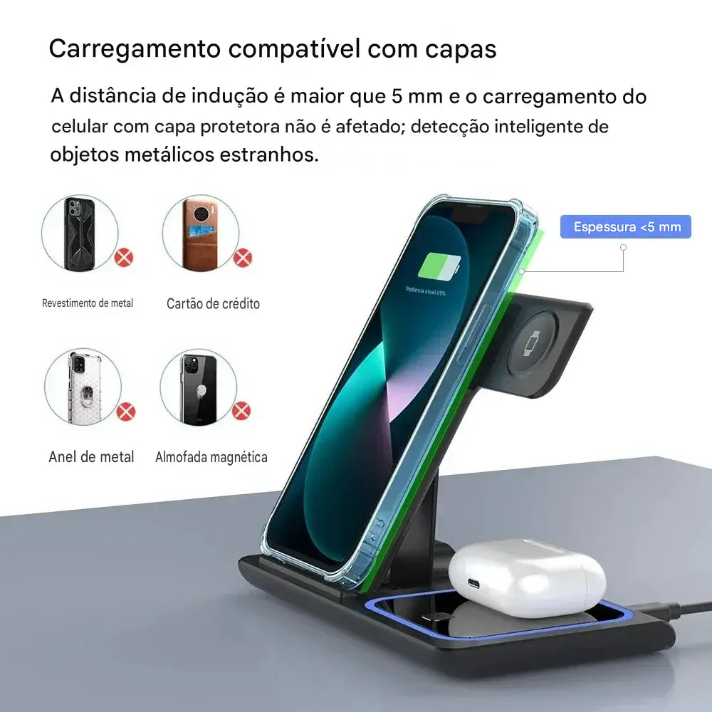Carregador Sem Fio 3 em 1 Dobrável - Suporte de Mesa com LED 15W para Celular, Smartwatch e Fones
