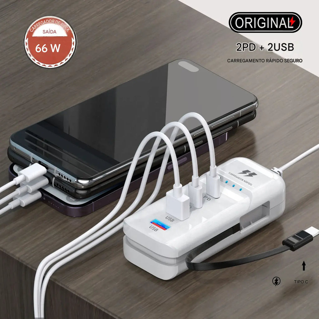 Carregador de Parede USB-C PD 15W - Multiportas Carregamento Rápido 2 USB-A + 2 USB-C