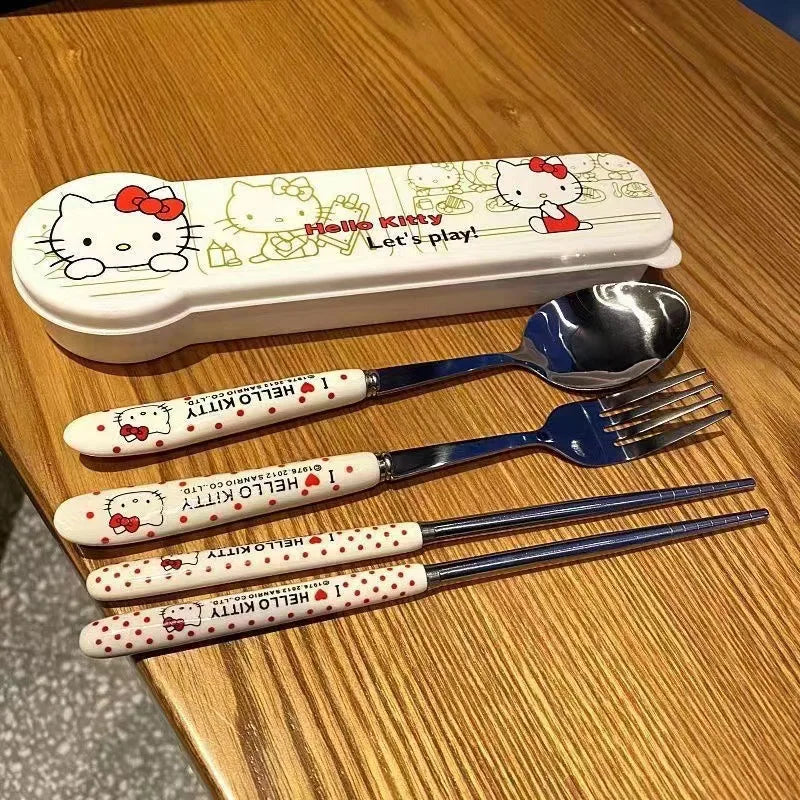 Kit Talheres Hello Kitty Sanrio - Garfo, Colher e Hashi em Aço Inox Portátil
