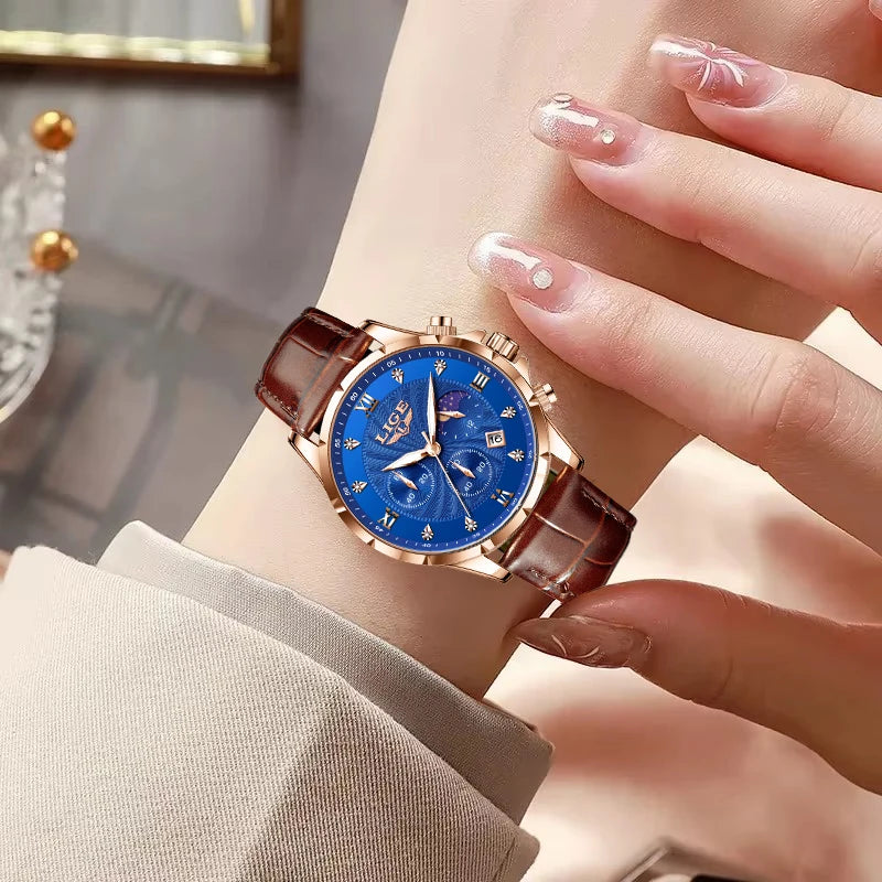 Relógio Feminino LIGE Quartzo Elegante | Diamante | Couro | Calendário | 6 Cores