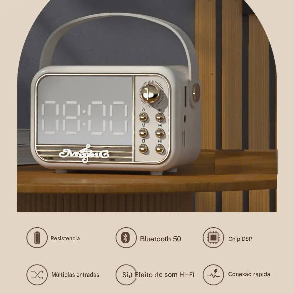 Relógio Despertador Digital com Carregador Sem Fio, Caixa de Som Bluetooth, LED e Rádio FM
