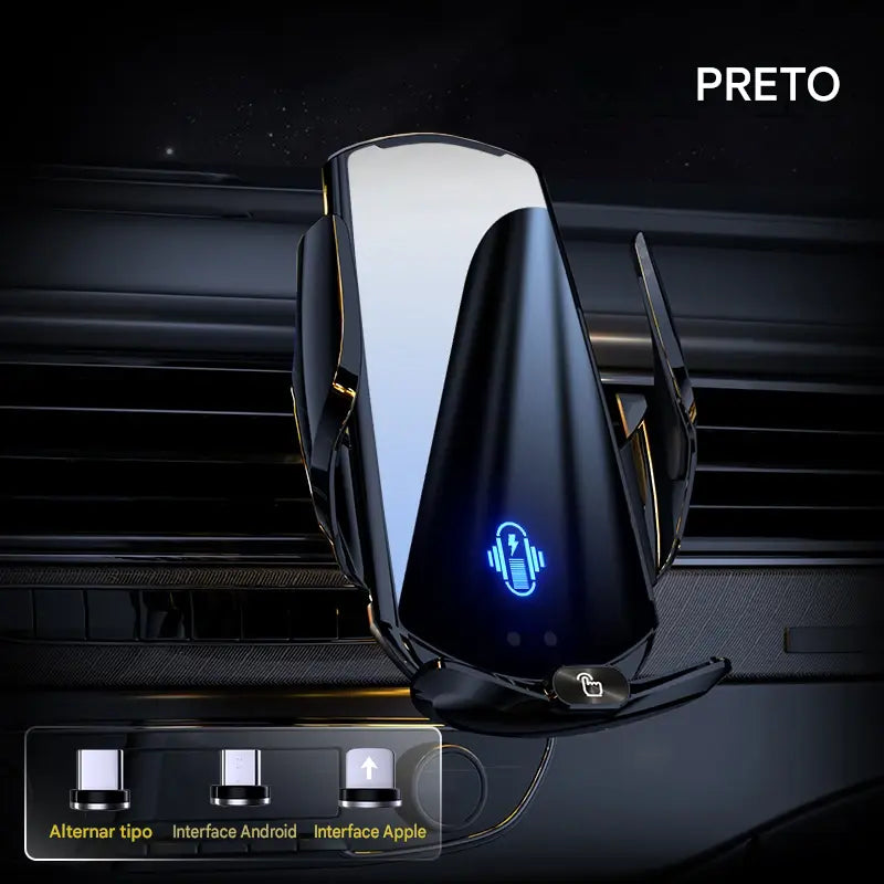 Suporte para Carro com Carregador Sem Fio e Sensor Triplo Inteligente - Fixação Magnética Automática