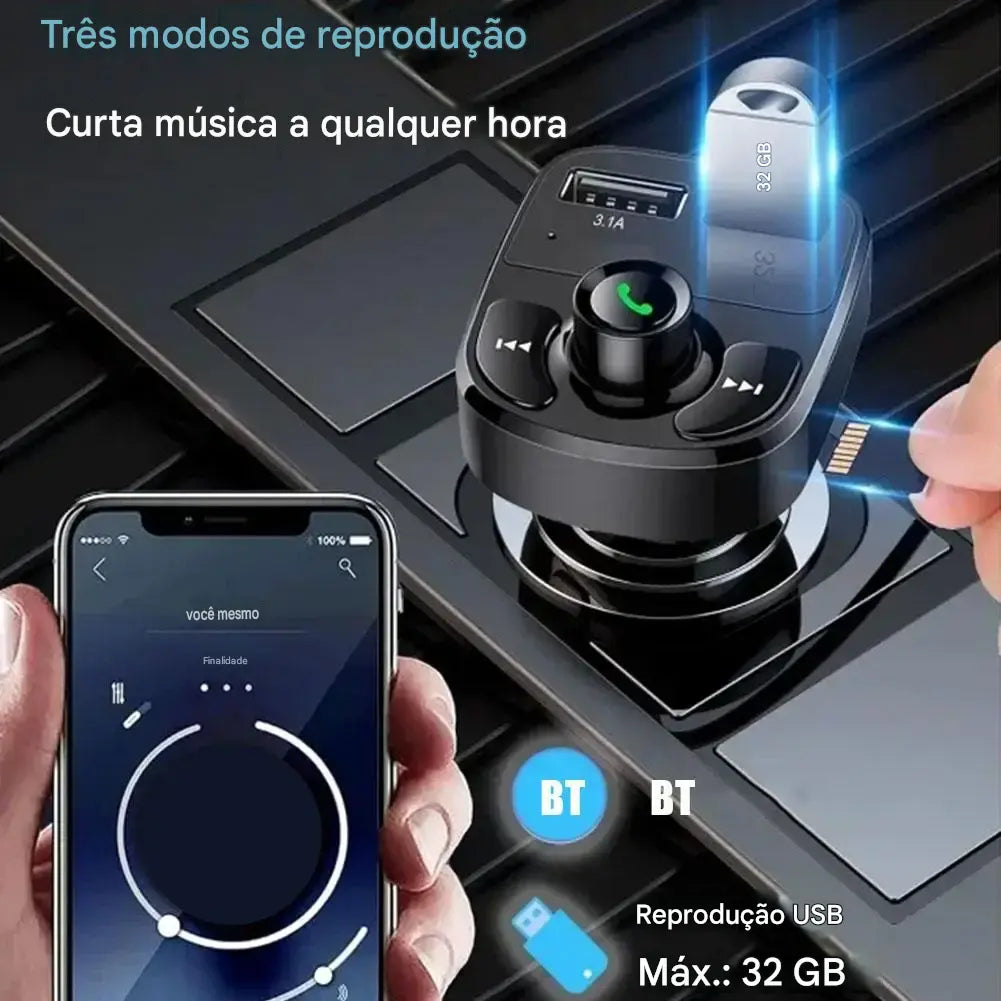 Transmissor FM Bluetooth Veicular com Carregador USB - Viva-Voz MP3 Player