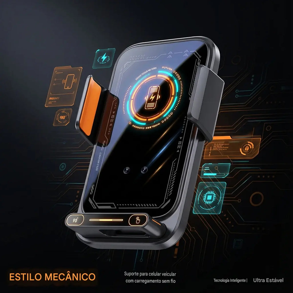 Suporte Carregador Veicular 15W Wireless e Com Fio - Sensor Automático Rotação 360° Qi Certificado