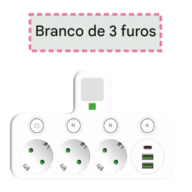 Tomada de Parede Multifuncional com Carregador Sem Fio - 3 Tomadas AC, 2 USB e Type-C
