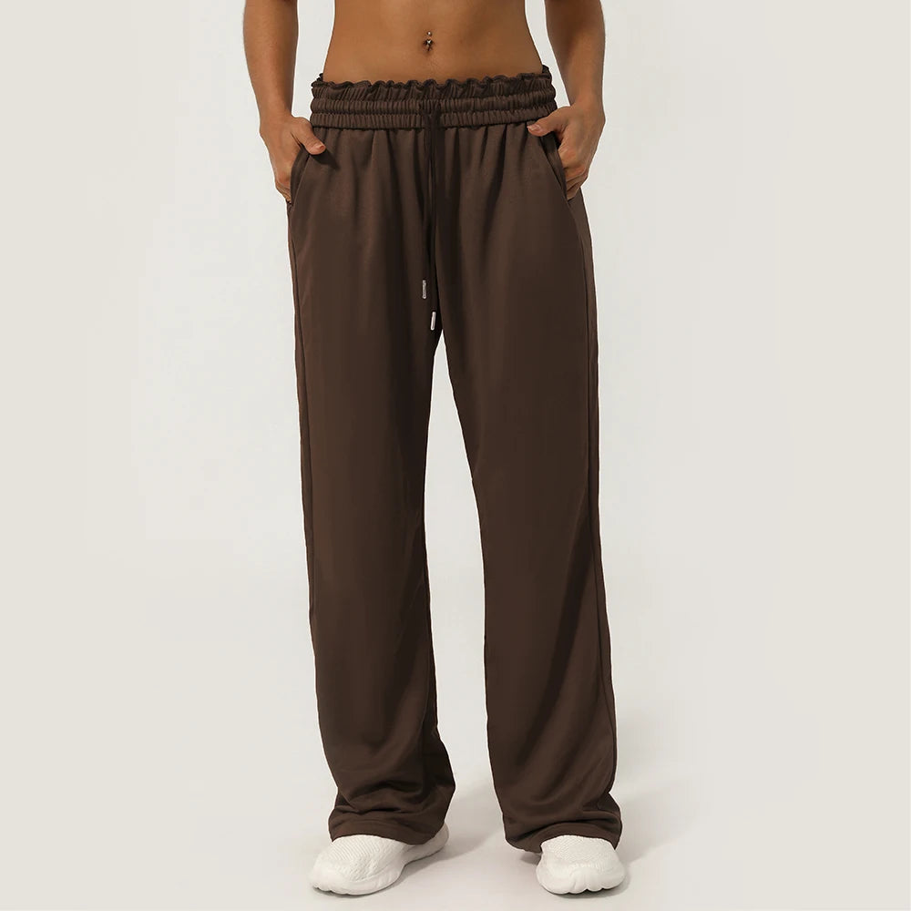 Calça Esportiva Feminina Cintura Alta com Bolso Lateral Perna Larga para Corrida Treino e Academia