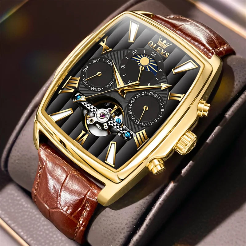 Relógio OLEVS Retangular Automático - Mecânico Tourbillon Fase Lunar 3ATM Couro Business