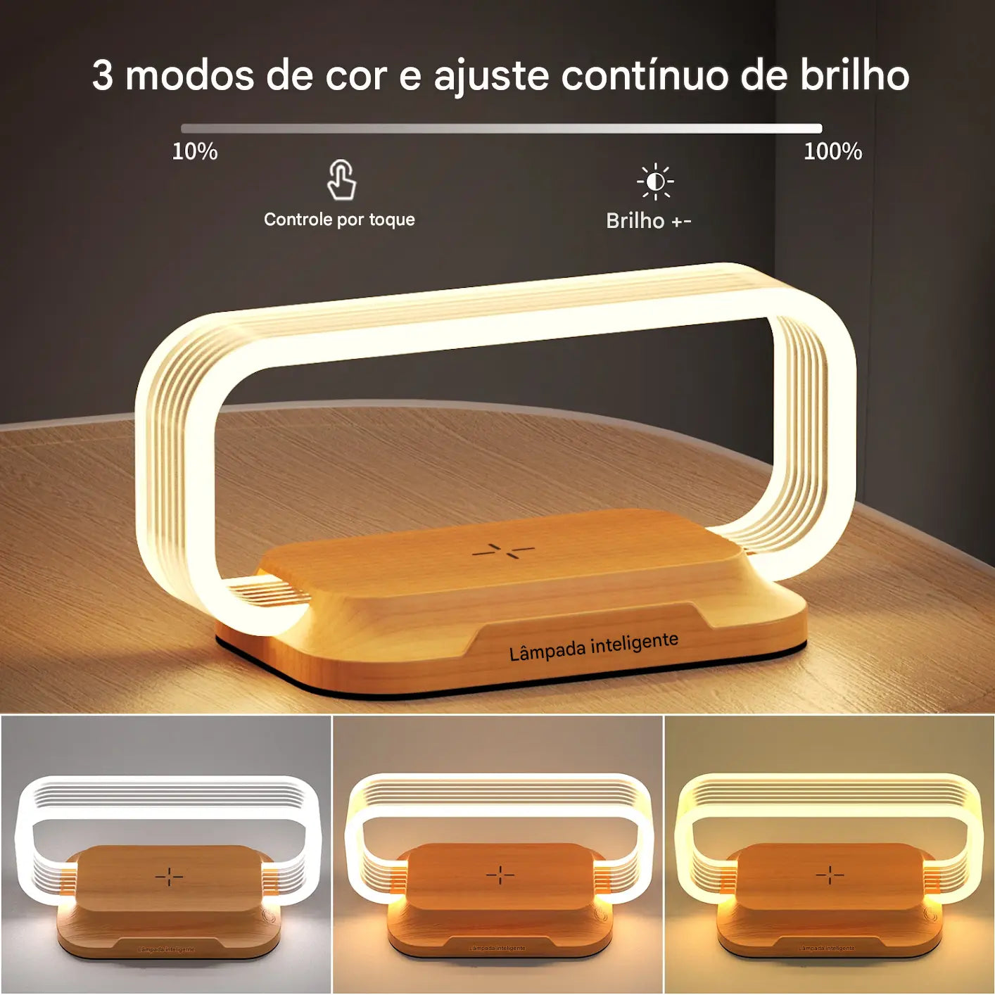 Luminária de Mesa LED com Carregador Sem Fio 10W e Porta USB