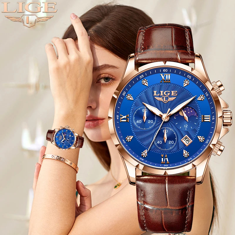 Relógio Feminino LIGE Quartzo Elegante | Diamante | Couro | Calendário | 6 Cores