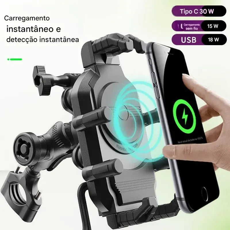 Suporte para Moto com Carregador Sem Fio e USB QC3.0 - Suporte de Guidão para Celular e GPS