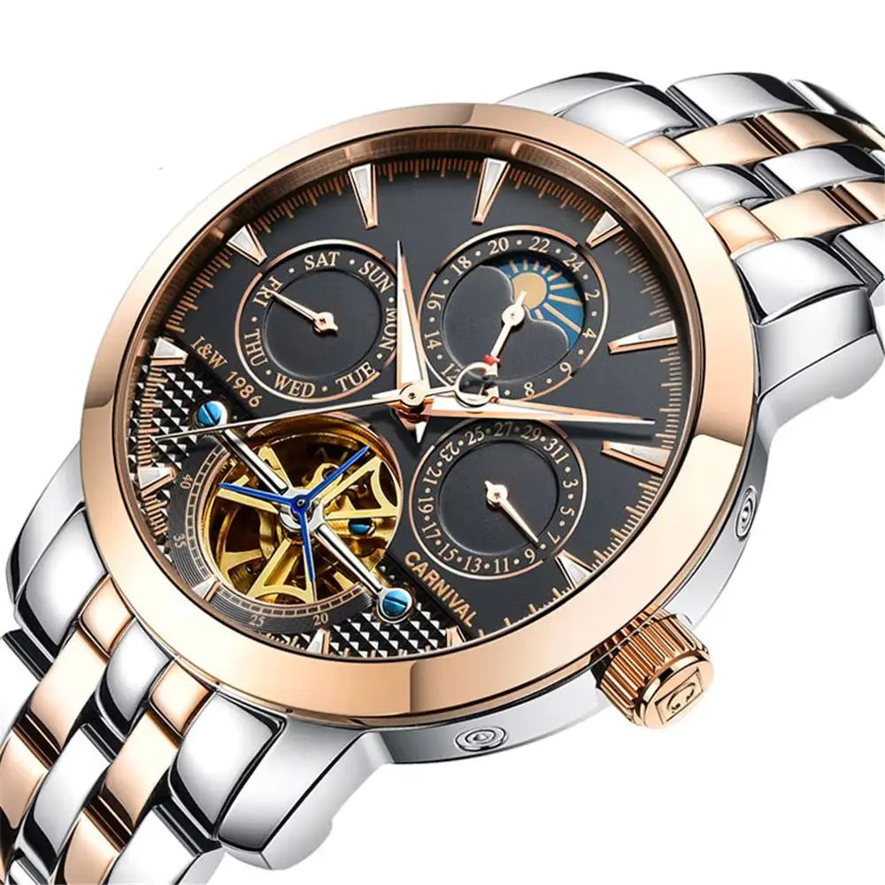 Relógio CARNIVAL Tourbillon Automático - Skeleton Fase Lunar 3ATM Aço Inoxidável Business