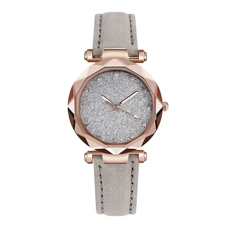 Relógio Feminino Starry Sky - Pulseira de Couro Strass Quartzo Casual