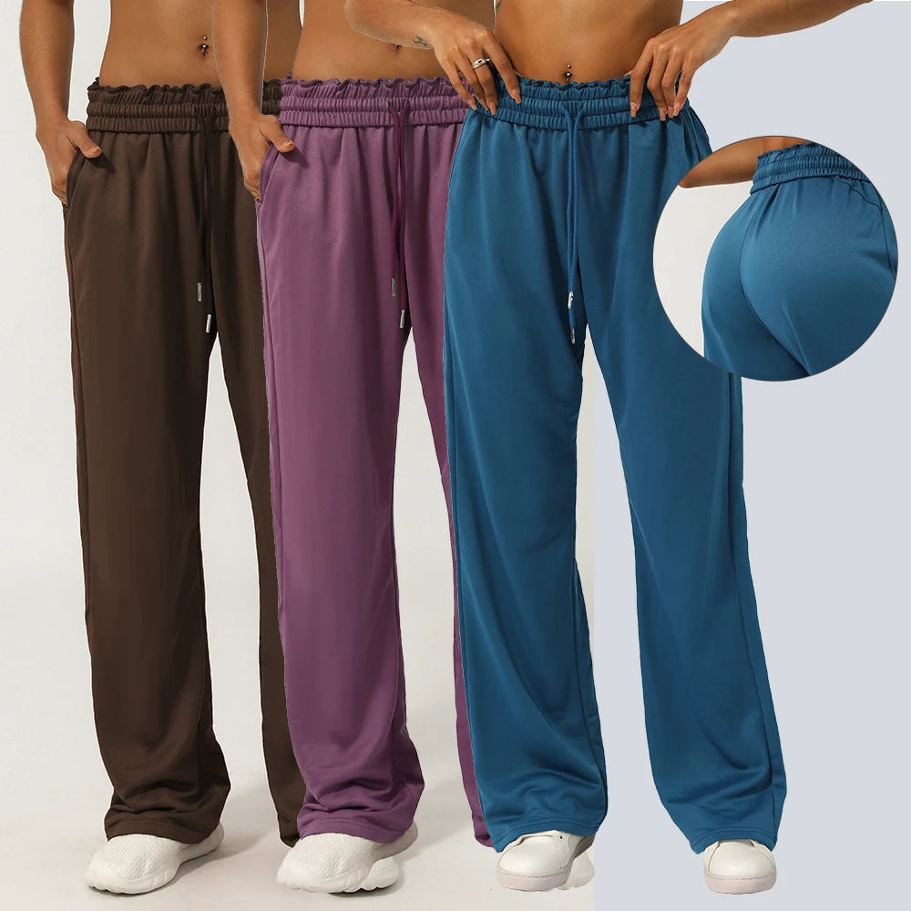 Calça Esportiva Feminina Cintura Alta com Bolso Lateral Perna Larga para Corrida Treino e Academia