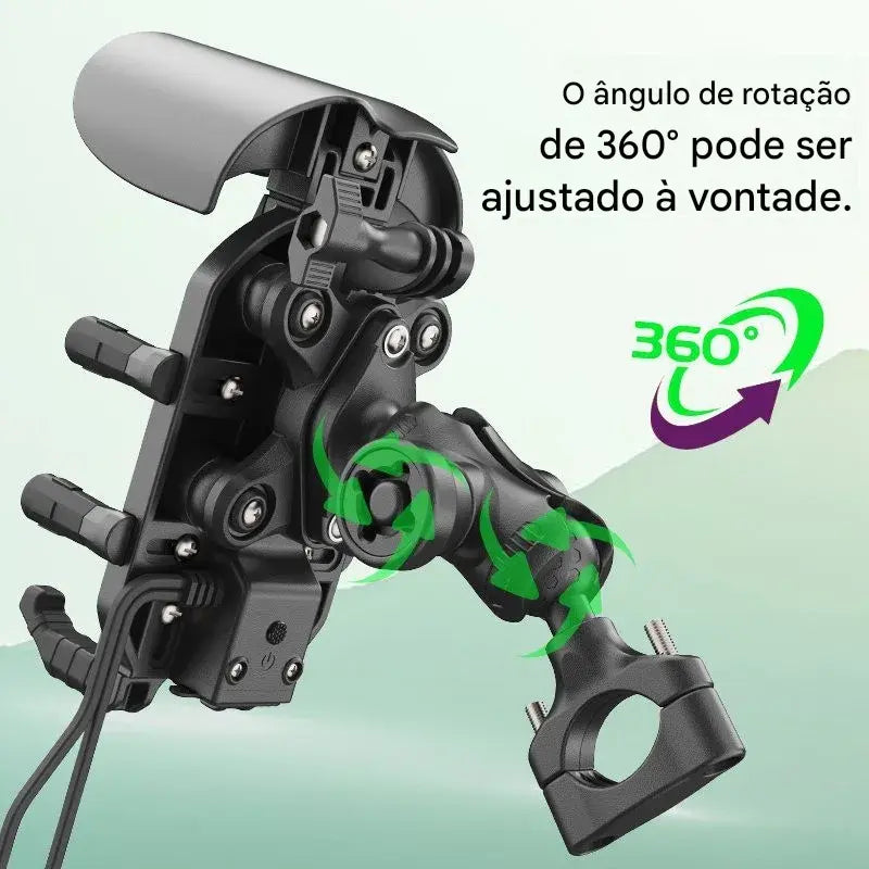 Suporte para Moto com Carregador Sem Fio e USB QC3.0 - Suporte de Guidão para Celular e GPS