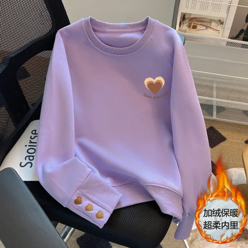 Moletom Feminino Gola Redonda Cor Sólida – Solto Casual Outono Inverno