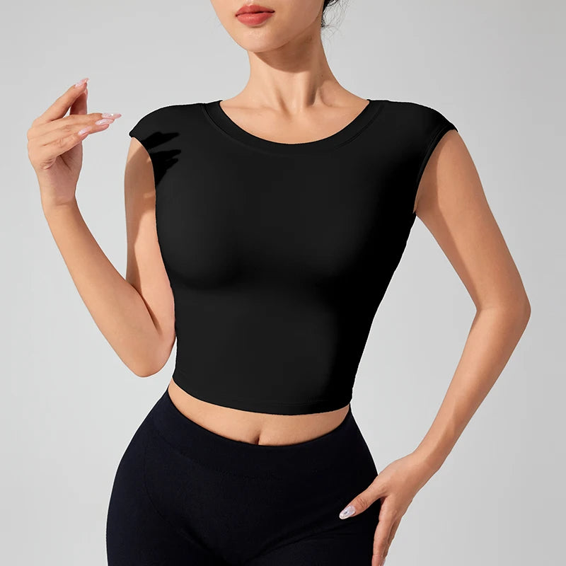 Blusa Fitness Feminina Costas Abertas - Top Yoga Academia com Bojo Manga Curta Dança Esportiva