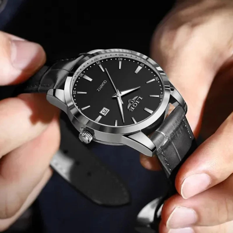 Relógio LIGE Couro Preto Military Sport - Quartzo 3ATM Cronógrafo Luminoso Casual