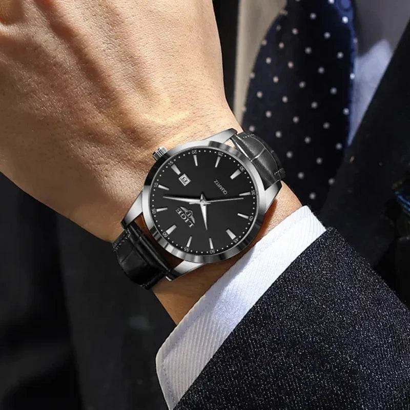 Relógio LIGE Couro Preto Military Sport - Quartzo 3ATM Cronógrafo Luminoso Casual
