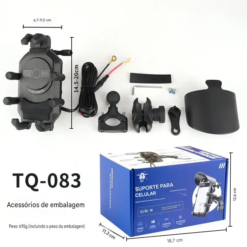 Suporte para Moto com Carregador Sem Fio e USB QC3.0 - Suporte de Guidão para Celular e GPS