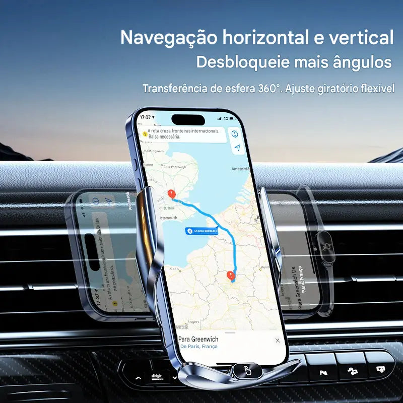 Suporte para Carro com Carregador Sem Fio e Sensor Triplo Inteligente - Fixação Magnética Automática