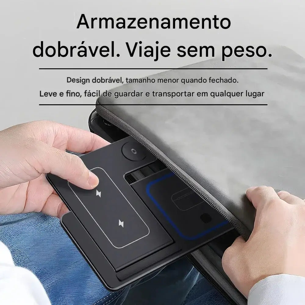 Carregador Sem Fio 3 em 1 Dobrável - Suporte de Mesa com LED 15W para Celular, Smartwatch e Fones