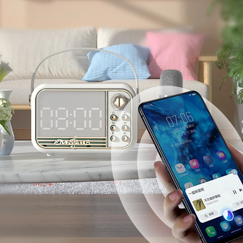Relógio Despertador Digital com Carregador Sem Fio, Caixa de Som Bluetooth, LED e Rádio FM