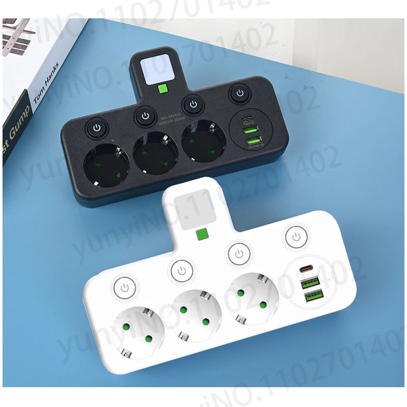 Tomada de Parede Multifuncional com Carregador Sem Fio - 3 Tomadas AC, 2 USB e Type-C