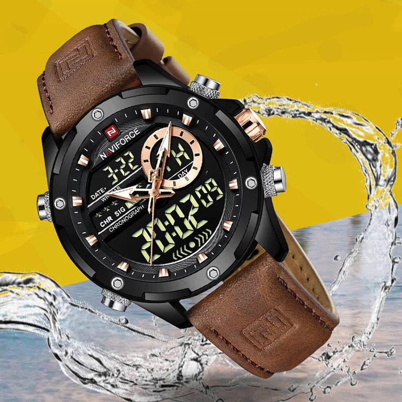 Relógio NAVIFORCE LED Digital Military - Quartzo Dual Display 3ATM Cronógrafo Couro