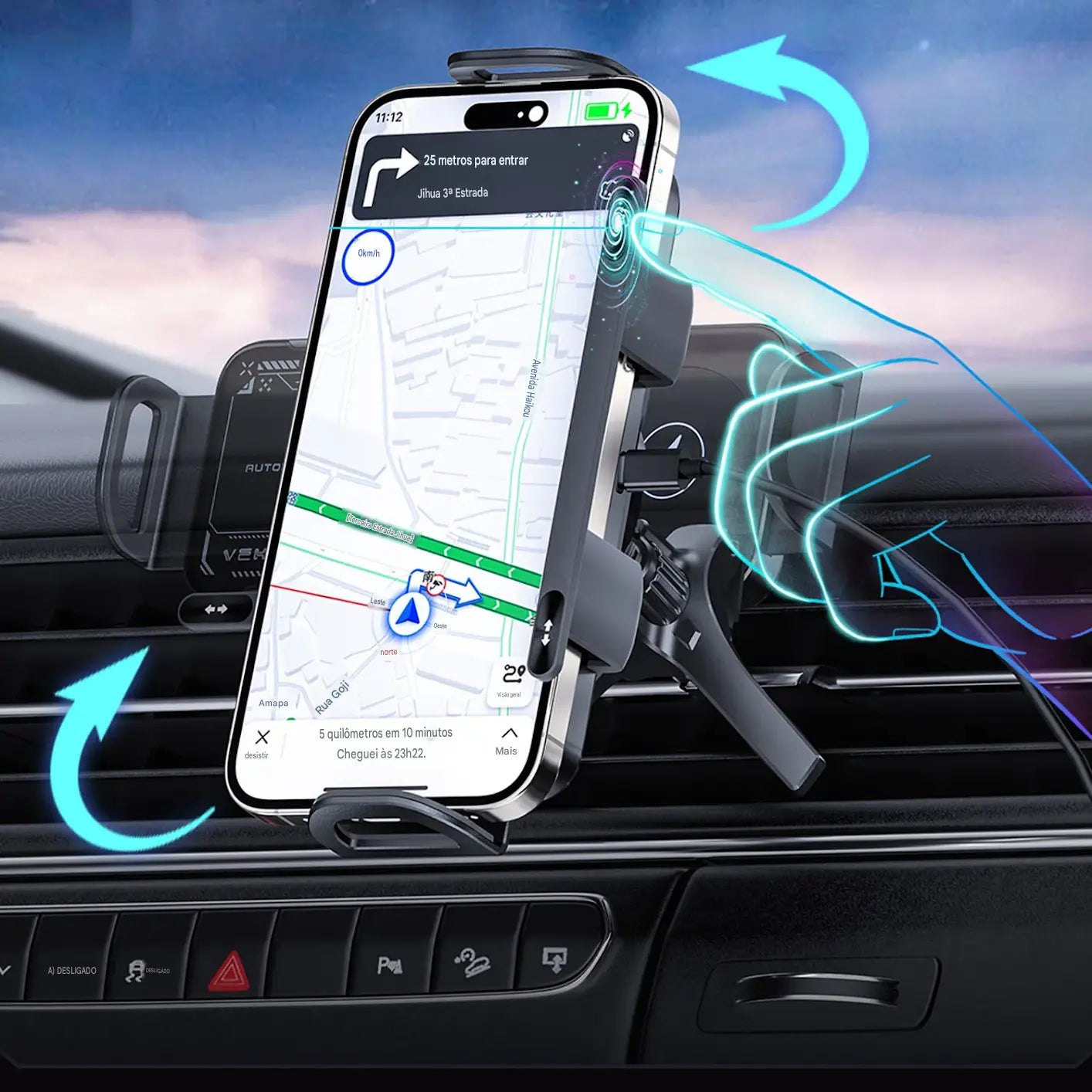 Suporte Veicular com Carregador Sem Fio e Rotação Elétrica 360° - Sensor Inteligente