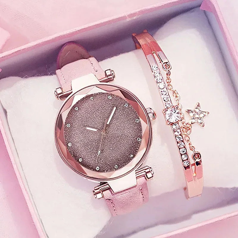 Relógio Feminino Starry Sky - Pulseira de Couro Strass Quartzo Casual
