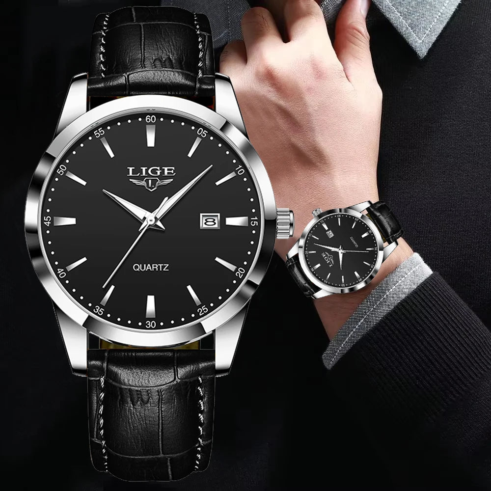 Relógio LIGE Couro Preto Military Sport - Quartzo 3ATM Cronógrafo Luminoso Casual